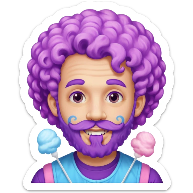 very colorful puffy violet curly haired man just beard  no mustache made out of cotton candy wearing teeth-braces and excessive face tattoos just face  sticker