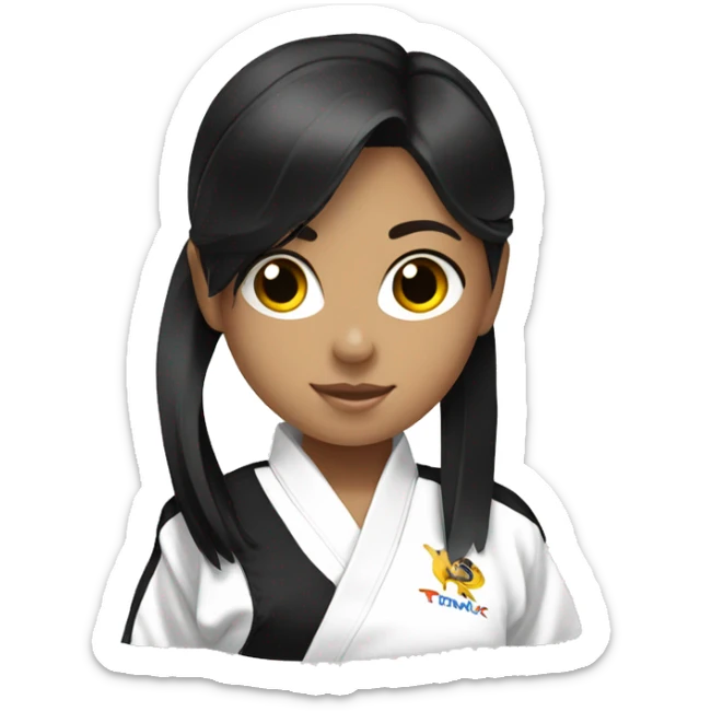 girl with black hair wearing a taekwondo dobok with white belt sticker