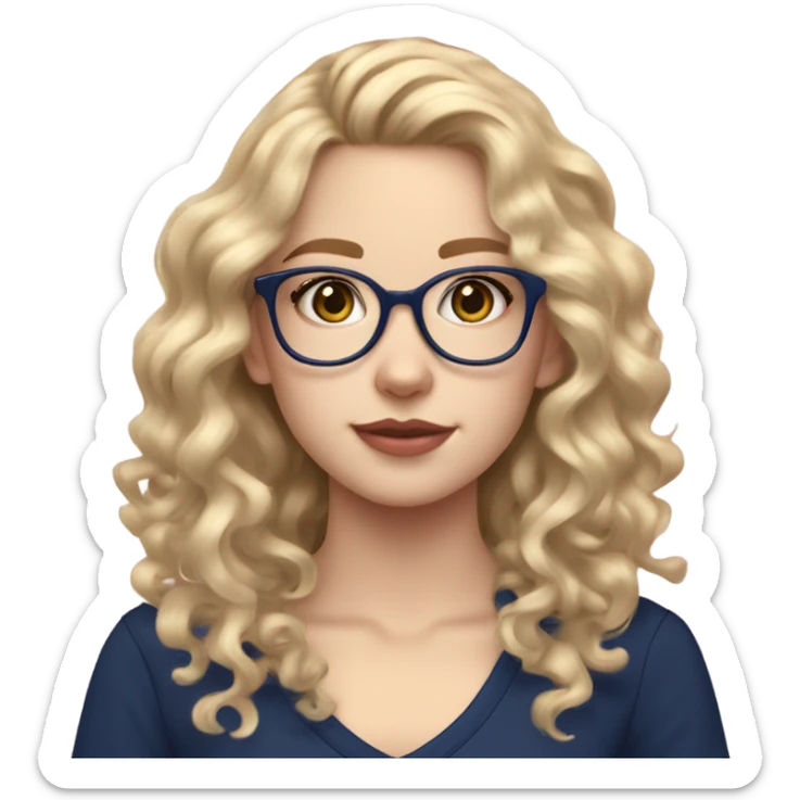 Blonde teen girl with long curly hair and clear glasses and pale skin and pink hued lips and navy blue shirt sticker