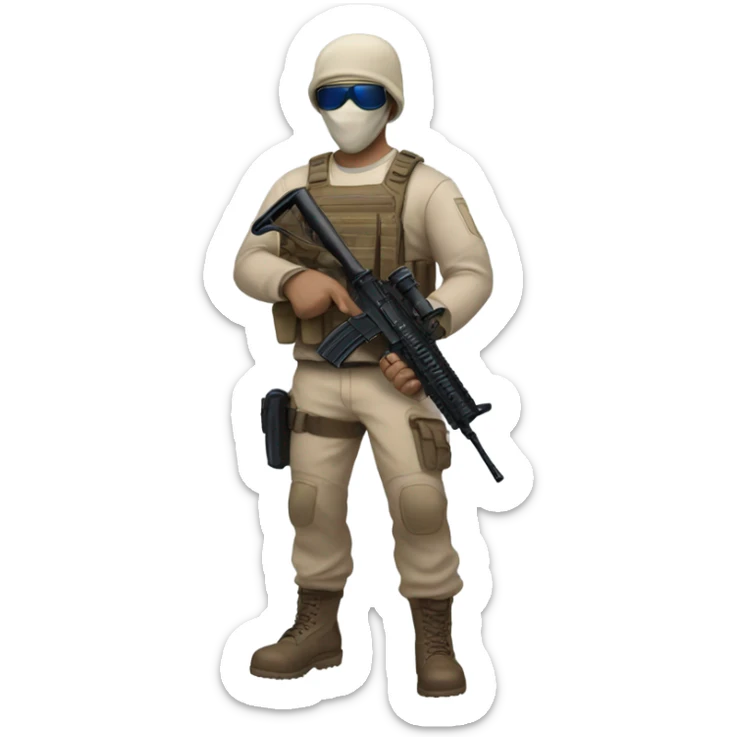 White male, call of duty mask, tan tactical gear, tan pants, combat boots, black beanie, blue eyes sticker