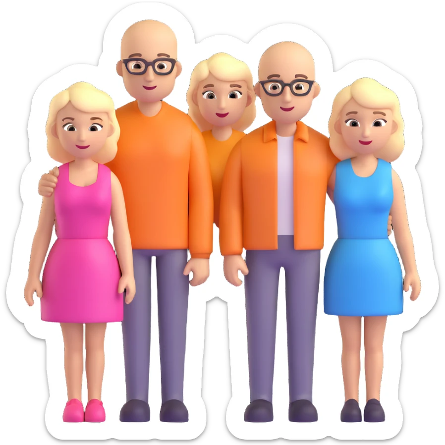 a caucasian family with a bald man, a blonde woman, two blonde girls and one blonde boy, 3d emoji style sticker