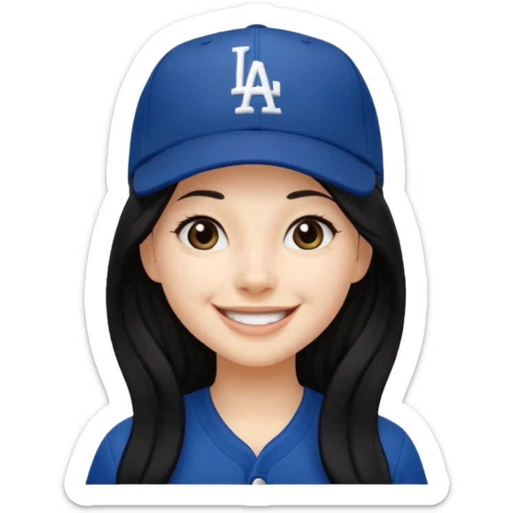Can you make an emoji of a girl with fair skin with black long hair wearing an LA dodger hat. Only include her face no neck.  sticker