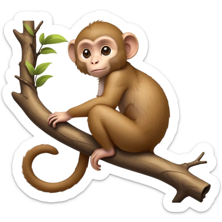 cinematic-cute Macaques-realistic-full-body-sitting-emoji,-slim-agile-frame-poised-on-a-branch,-long-tail-curled-slightly,-head-tilted-dramatically,-warm-brown-fur-soft-and-fluffy,-bright-playful-eyes-exuding-mischief,-simplified-yet-realistic-focused-features,-highly-detailed,-glowing-with-an-almost-sarcastic-glow sticker