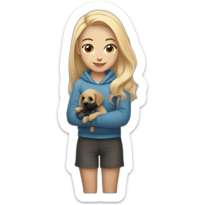 A blonde girl with smooth hair and a ray in the middle of his hair, she has light skin a few freckles, and she wear a hoodies and she Carries in his arms a baby black labrador dog  sticker