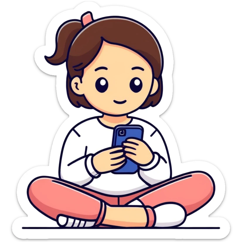A cartoon-style sticker of a girl sitting in a phone with the text "Доделаем завтра." Use the provided photo as a reference for the character. Add a white outline to the sticker. Style the text to match the cartoon style. sticker