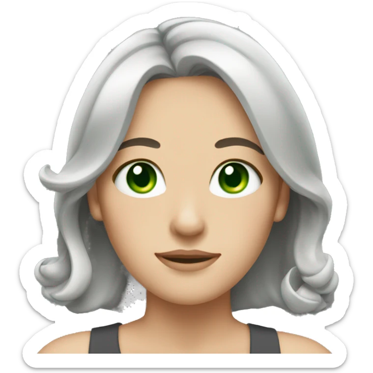 White woman with green eyes and shoulder length bows and gray hair sticker