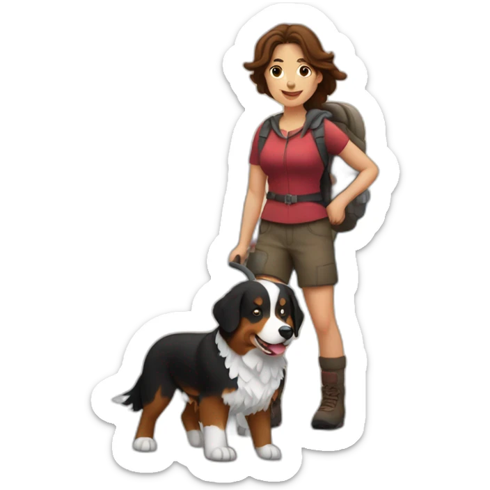 a viking bernese mountain dog hiking with a woman with brown hair with a reindeer sticker