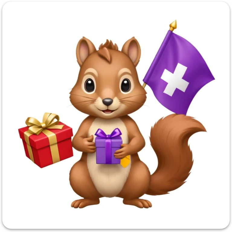 realistic squirrel holding a purple gift box in one hand and a red Swiss flag in the other, both objects clearly visible, simple white background, the gift is a different color from the flag sticker