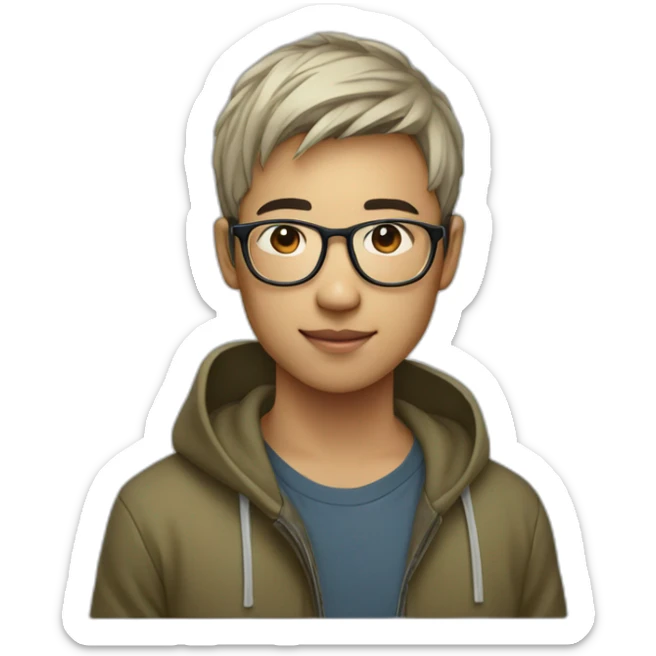 vietnamese young man, short hair with transparent glases wearing hoodie with macbook sticker