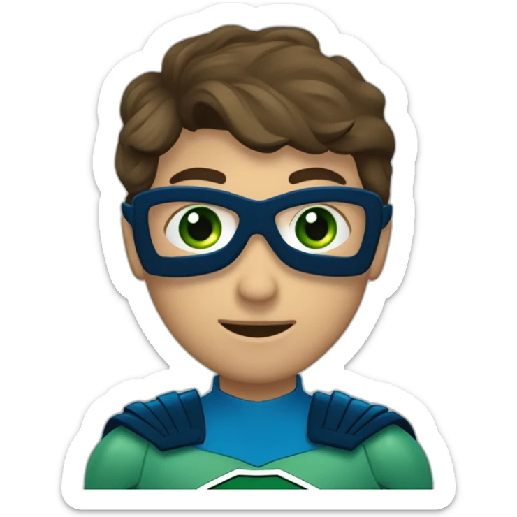 chico con antifaz de superheroe, traje azul marino haciendo la seña del corazón coreanoy los ojos del antifaz color verde y no se le ven los ojos sticker