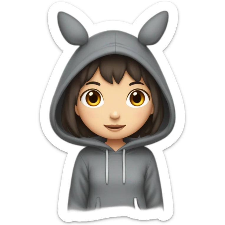 Fille Brune avec un sweat-capuche Totoro gris foncé avec les rond clair de Totoro sur ventre  sticker