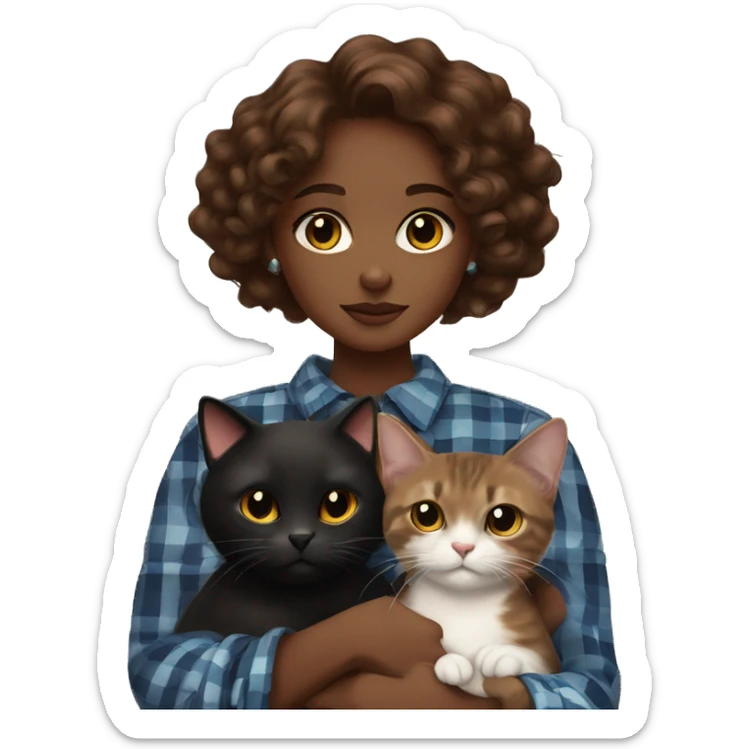 a brown skin girl with curly brown hair and cat eyes, holding a black cat that has a plaid collar sticker