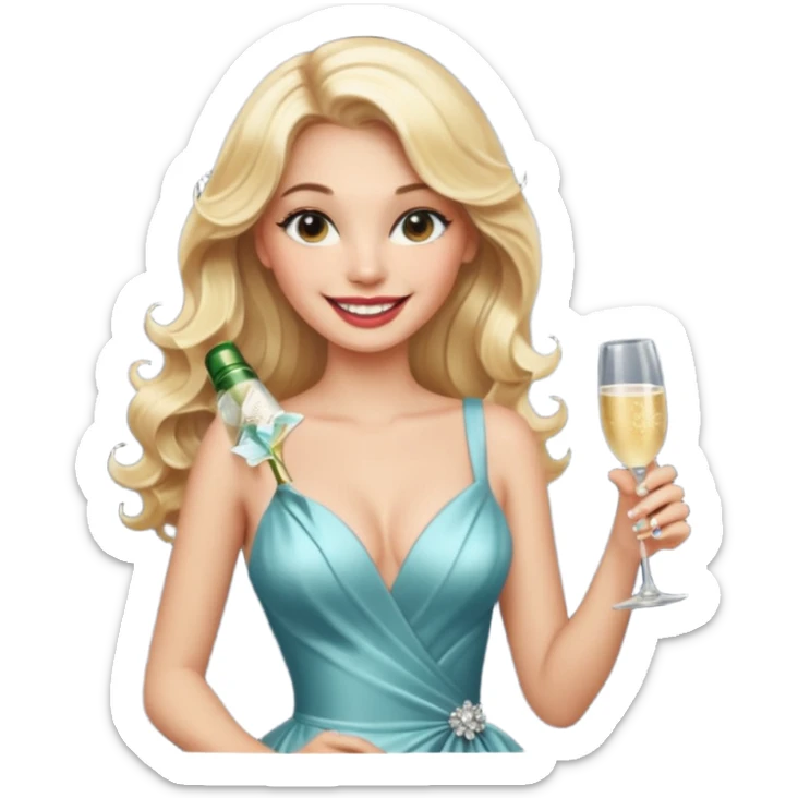 Glamorous blonde lady holding champagne bottle, long hair with makeup smiling  sticker
