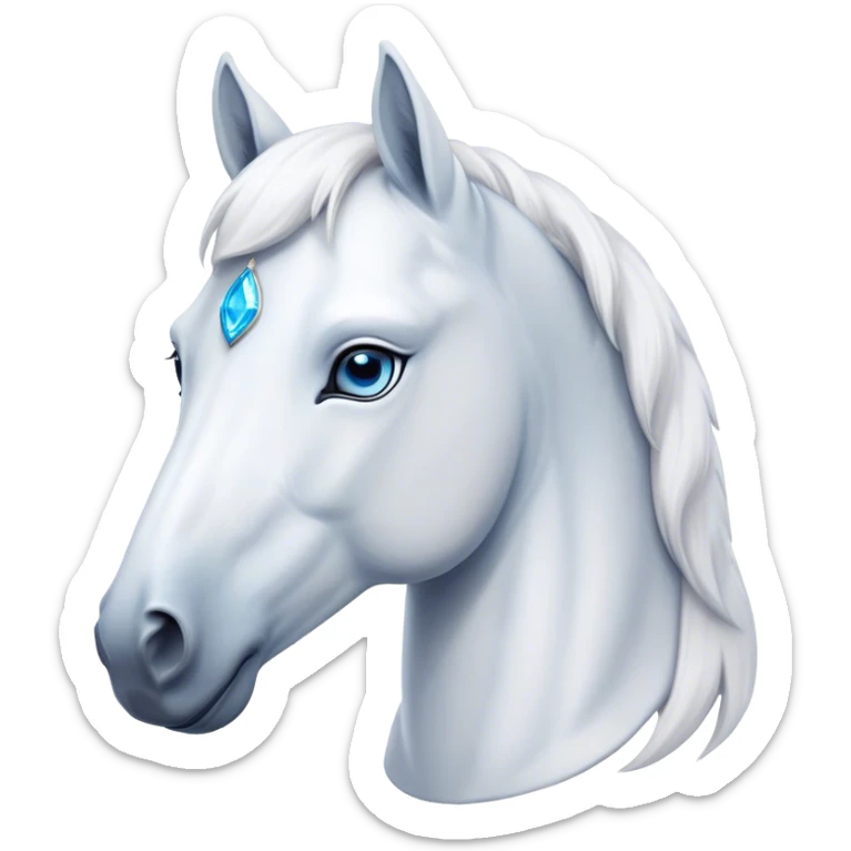 Cinematic Noble White Horse Portrait Emoji, Poised and regal, with a strong, athletic build and a pristine, well-groomed pure white fur, deep-set soulful blue eyes, Simplified yet sharp and sophisticated features, highly detailed, glowing with a soft, dignified glow, high shine, intelligent and majestic, stylized with an air of ethereal grace, focused and attentive, soft glowing outline, capturing the essence of a watchful and confident steed, so majestic it feels as though it could gallop out of the screen with effortless authority! sticker