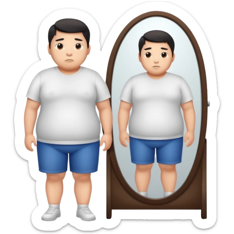 A young Asian guy looks sadly at his overweight body in the full-length mirror. sticker