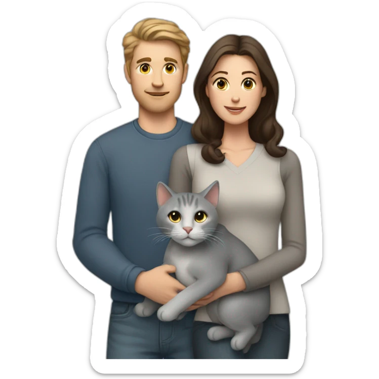 white man and brunette woman with a big gray cat in their arms sticker