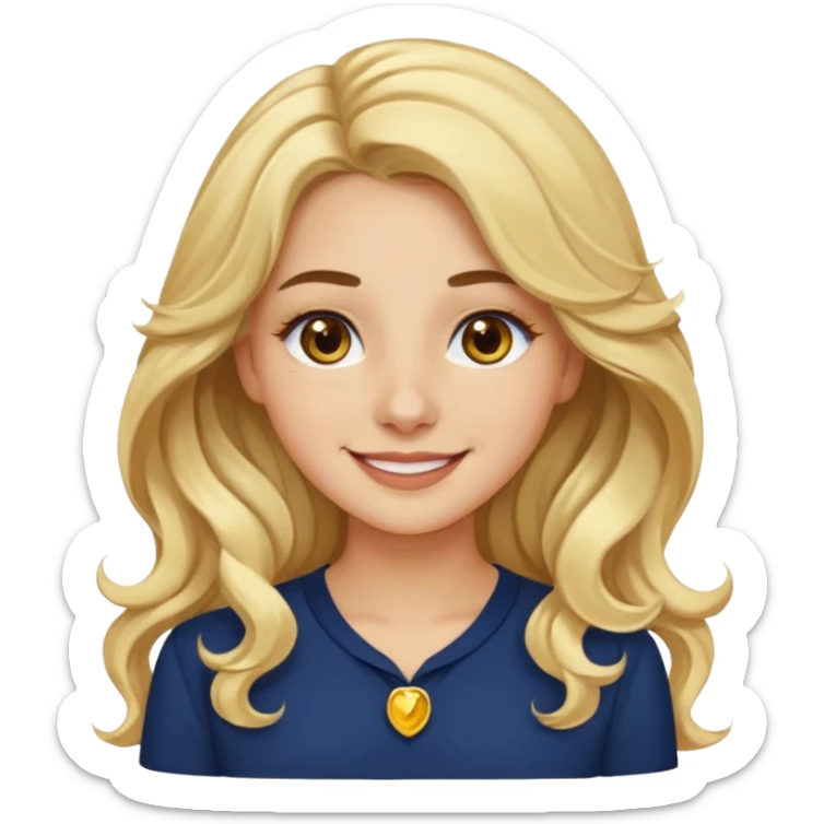 female with long wavy blonde hair, brown eyes, small gold nose stud, black eyeliner, navy blue blouse, emoji style, smiling sticker