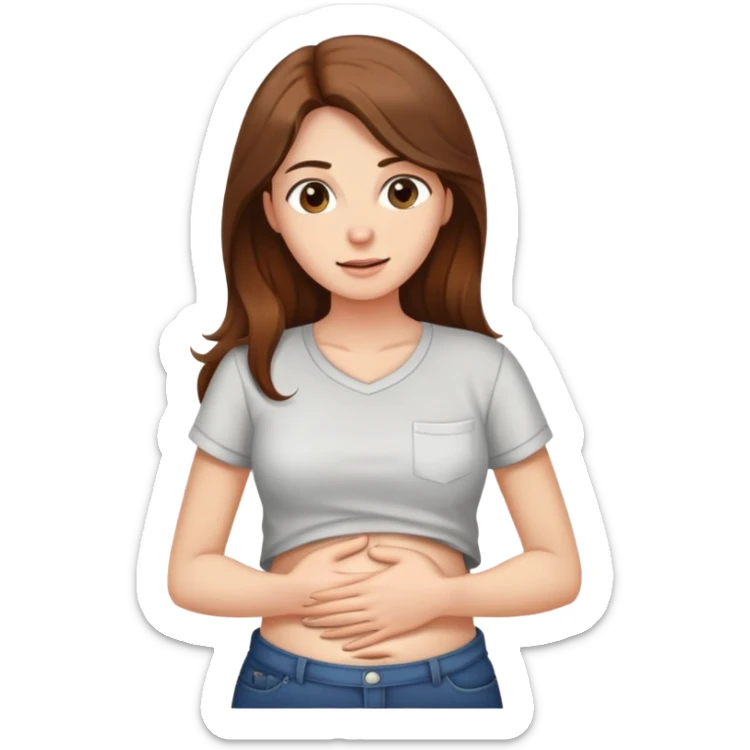 Crying woman with long brown hair rubbing stomach with shirt on sticker
