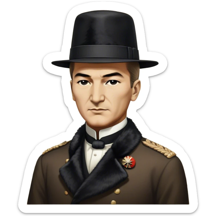 ​Cinematic Realistic Portrait of a Young Mustafa Kemal Atatürk, depicted wearing an iconic tall black fur hat along with traditional attire, his confident, visionary expression illuminated by warm, inspiring lighting, rendered with rich historical textures that capture his youthful dynamism and transformative leadership, sticker