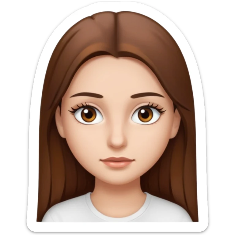 Chica de pelo liso ,largo clean look  y marrón con ojos color marrón  y una camiseta blanca y la piel blanca con pestañas y maquillada clean look  sticker