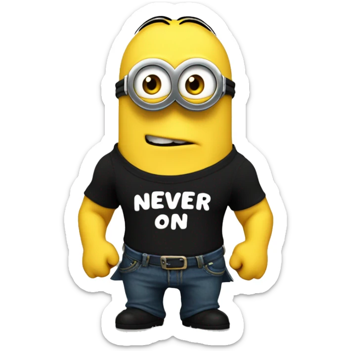 A buff minion wearing a black t shirt top with the words “never goon” on the shirts chest area sticker