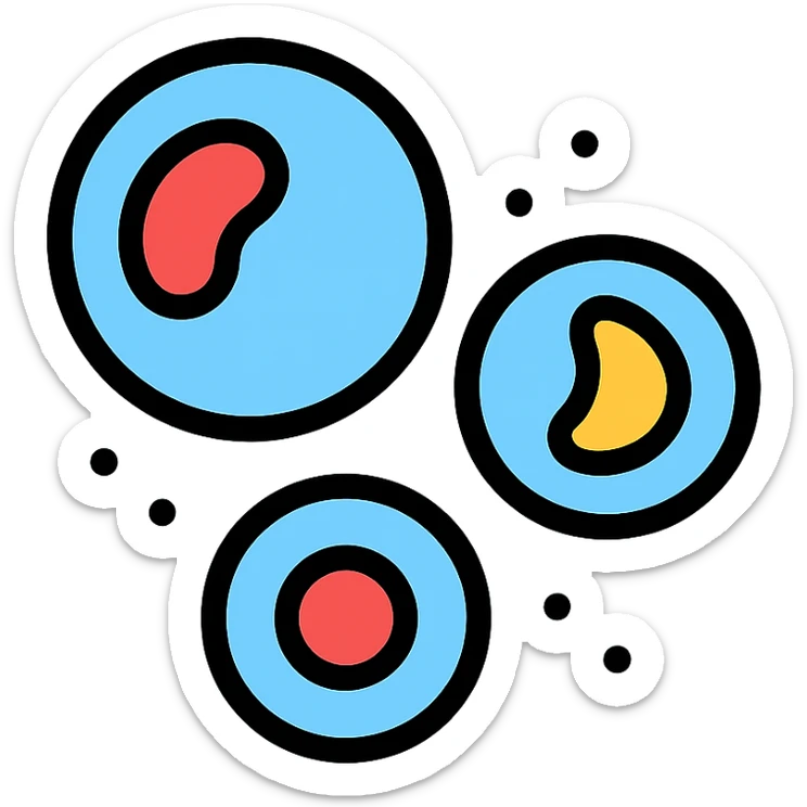 Zelle, deren Inhalt leuchtet in verschiedenen Farben (z. B. blau für Wasser, rot für Proteine, gelb für Lipide). sticker