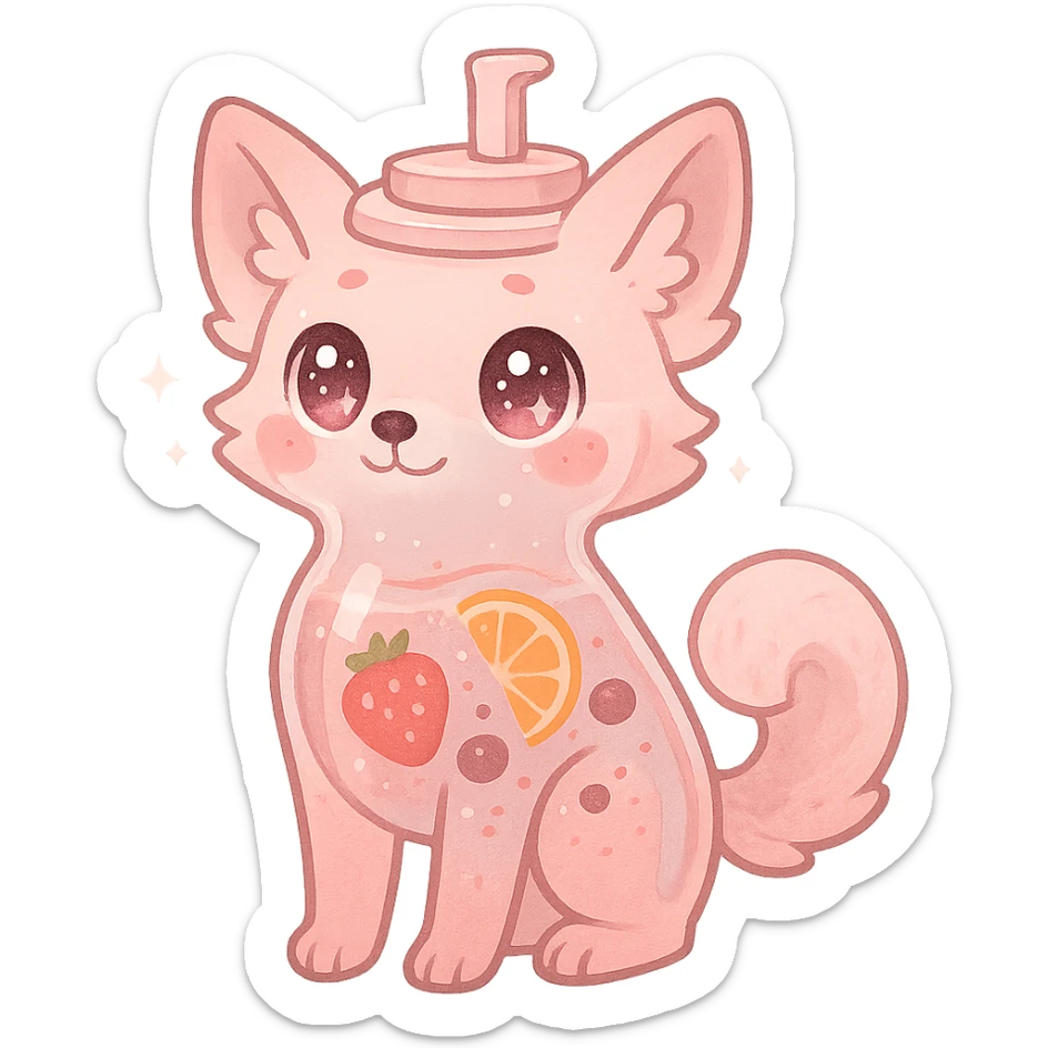 full-body pastel pink blender fox hybrid with transparent body showing fruity smoothie inside, sparkling eyes, transparent background sticker