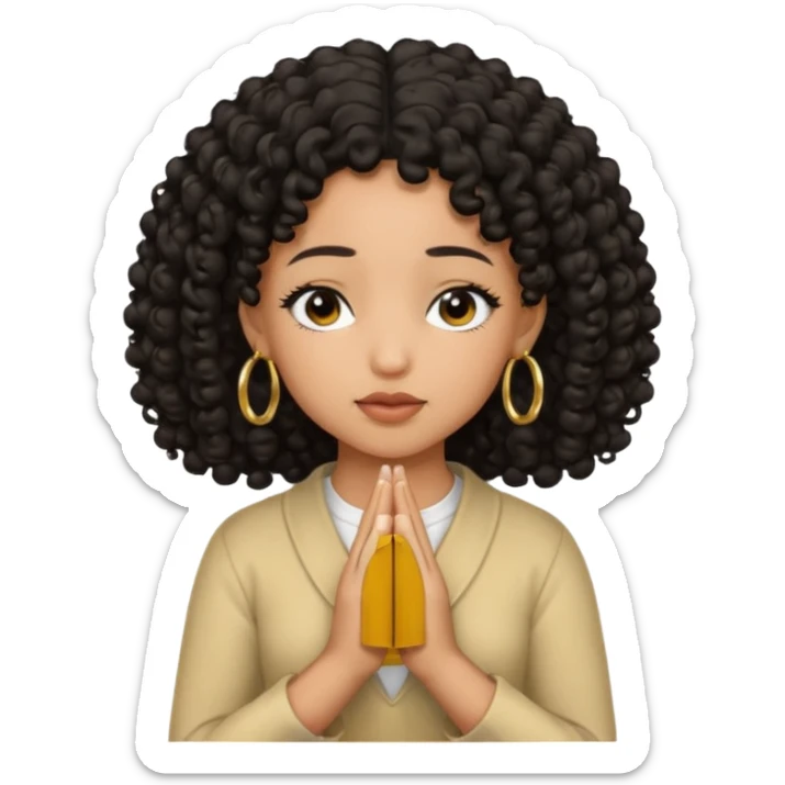 brown girl praying black curly hair and black eyes closed with gold hoop earrings sticker