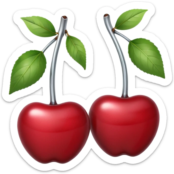 A pair of cherries emoji made of polished silver chrome, smooth rounded shapes, glossy metallic finish, soft highlights and reflections, cute proportions, iOS emoji style, centered, clean white background, no text sticker
