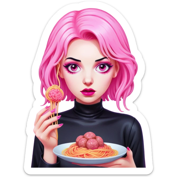 pop art goth neon Monalisa holding Melted pink gooey spam meat ball spaghetti  sticker