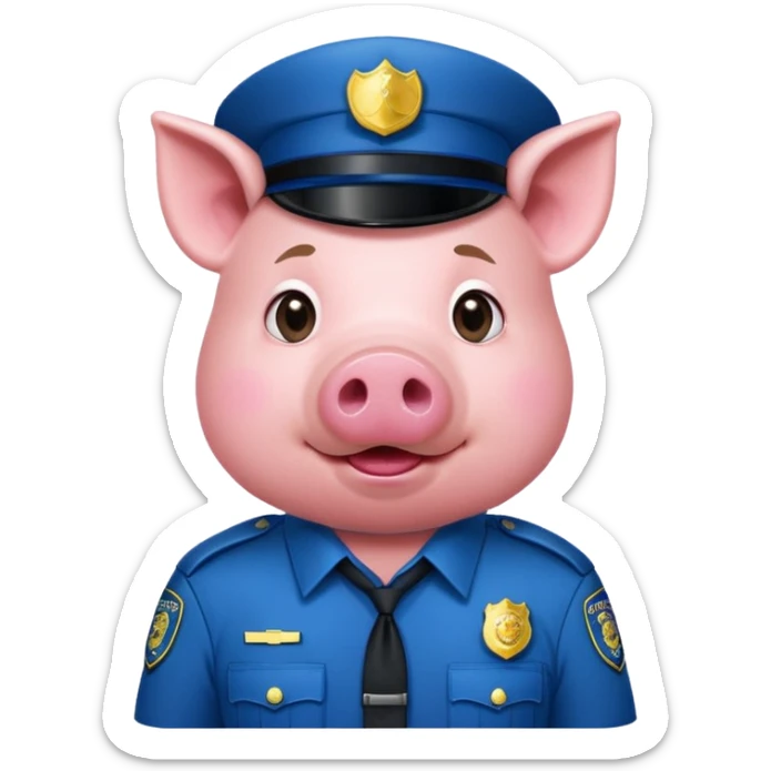 a pig, upright, in a police officer uniform, drooling, eyes looking to the bottom left sticker