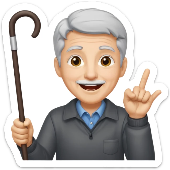 A grey-haired fan with cane in hand, cheering loudly with youthful spirit. sticker