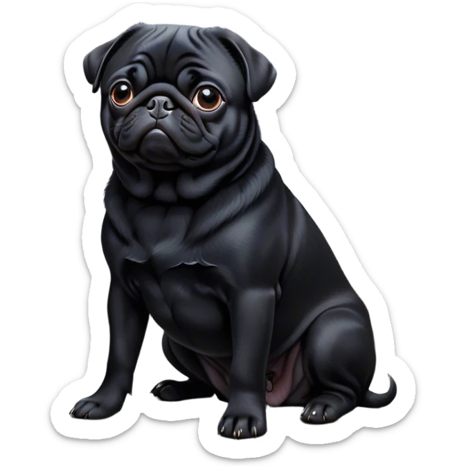 Cinematic Noble Black Pug Portrait Emoji, Poised and regal, with a compact, sturdy build and a sleek, shiny pure black coat, deep-set soulful dark eyes, Simplified yet sharp and sophisticated features, highly detailed, glowing with a soft, dignified glow, high shine, intelligent and spirited, stylized with an air of confidence, focused and attentive, soft glowing outline, capturing the essence of a watchful and commanding companion, so majestic it feels as though it could prance out of the screen with effortless authority! sticker