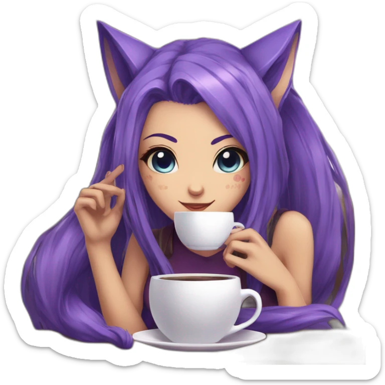 Purple haired anime fox girl with one eye blue and the other purple, drinking coffe sticker