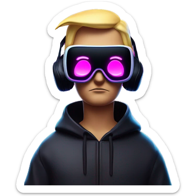 Donald Trump wearing a black hoodie with "OMG" letters on it and VR headset oculus quest 2 in a cyberpunk VR environment with violet neon lighting. sticker