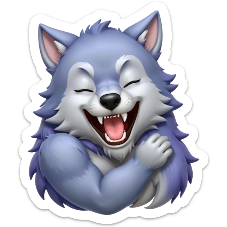 Cinematic Cute Yawning Werewolf Portrait Emoji, with a cuddly, miniature lupine form in soft moonlit grays and silvers, head leaning back in a big, adorable yawn that reveals a few fuzzy teeth, simplified yet irresistibly charming, highly detailed with a soft glowing outline that captures the drowsy, playful essence of a werewolf mid-nap! sticker