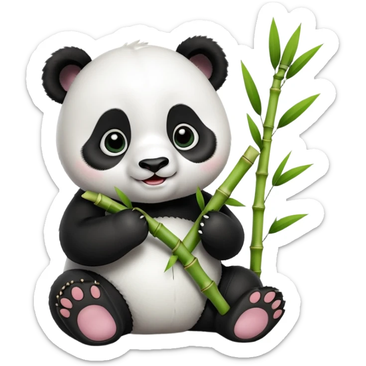 A 3D baby panda sitting and happily eating bamboo, big shiny eyes, cute and cartoonish style, soft lighting, high quality sticker