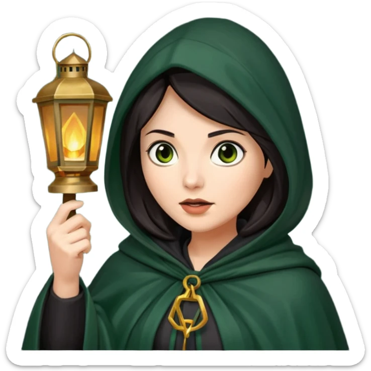 traitor tv show, dark haired woman wearing dark green cloak with hood up who looks very evil and is holding up a lantern sticker