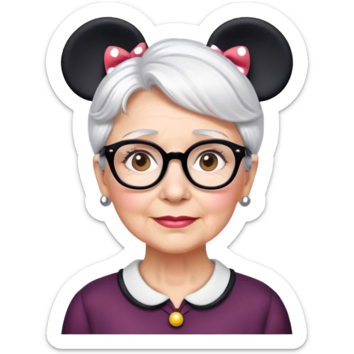 Older woman Hazel eyes short White hair wearing glasses Minnie mouse ears sticker
