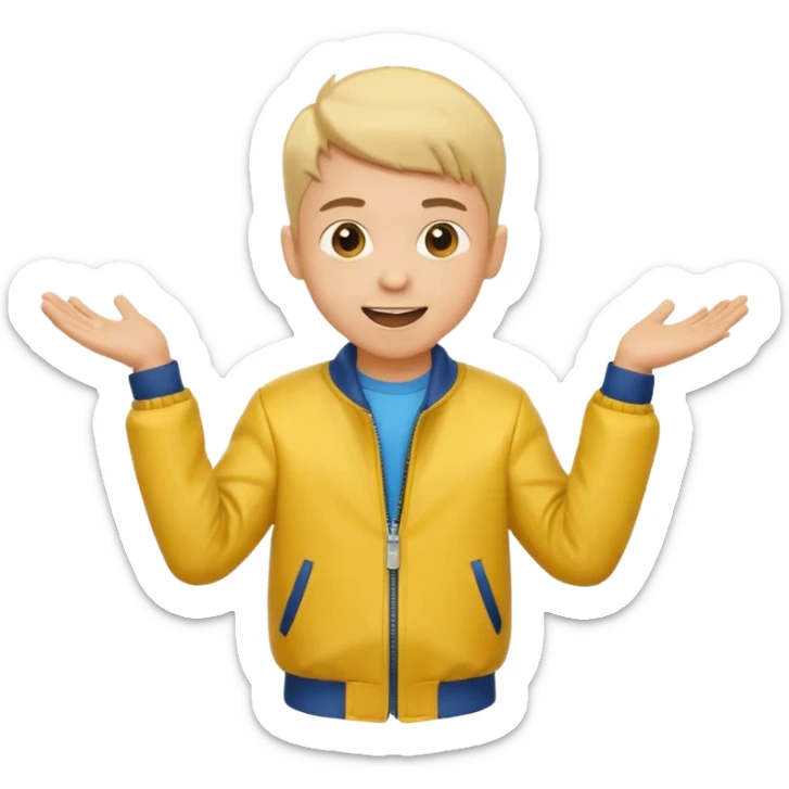 excited boy with good hair cut shrugging his shoulder, wearing yellow jacket and smile sticker