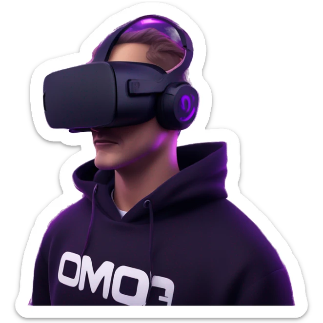 Russian man wearing a black hoodie with "OMG" letters on it and VR headset in a cyberpunk VR environment with violet neon lighting. sticker