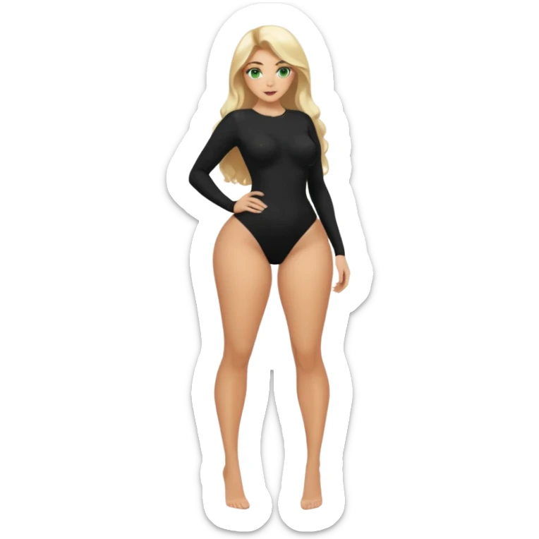 Blonde, green eyed woman with long  hair. She is curvy with a big butt and small breast. She is in sexy black clothes nude and full body exposed. She has nice long legs. She is doing sexy pose sticker
