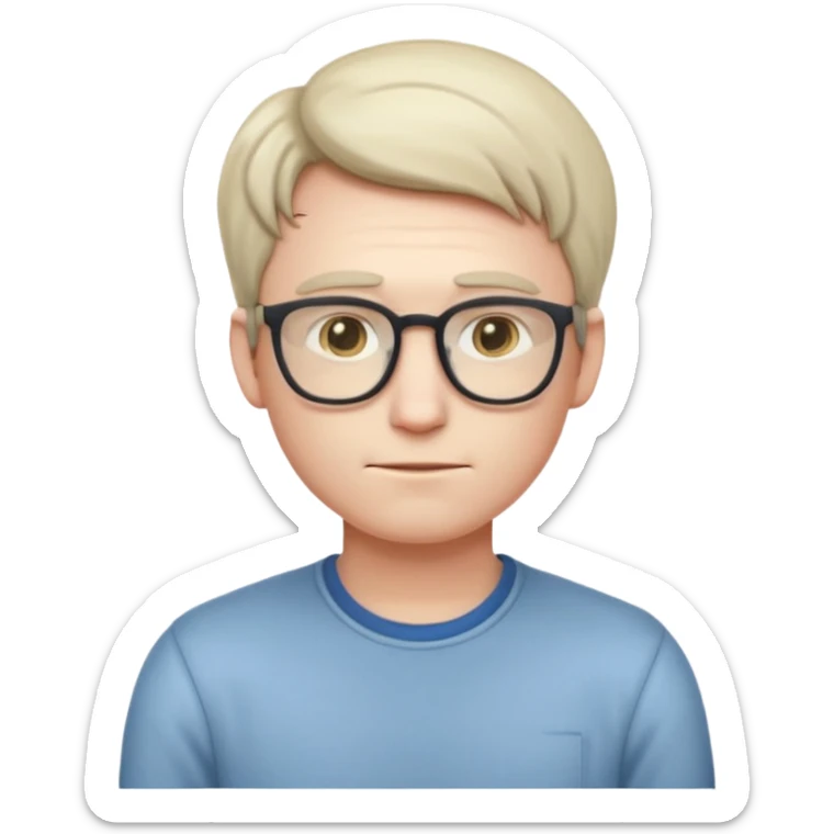 A realistic adult male character with pale skin, soft features, slightly shy expression, slim build, subtle blushing, wearing casual nerdy clothes, standing timidly, styled in a mature, clean, semi-realistic emoji style with soft shading, readable at small icon size sticker