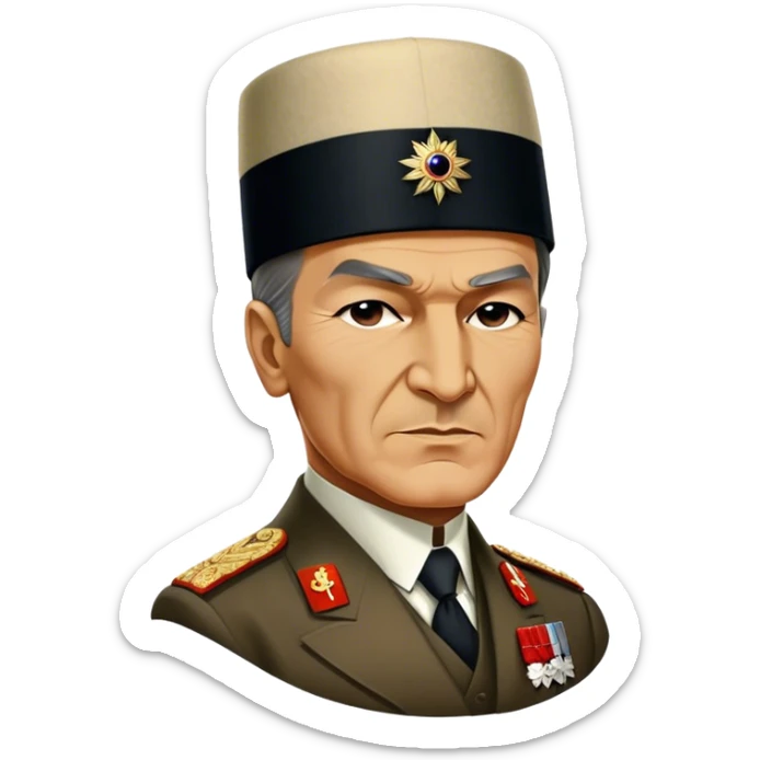 Mustafa Kemal Atatürk (statesman) in traditional hat – Cinematic Realistic Portrait of Mustafa Kemal Atatürk, depicted in dignified traditional attire with a distinctive hat, a resolute and visionary expression illuminated by warm, historic lighting, rendered with rich textures that evoke his transformative leadership. sticker