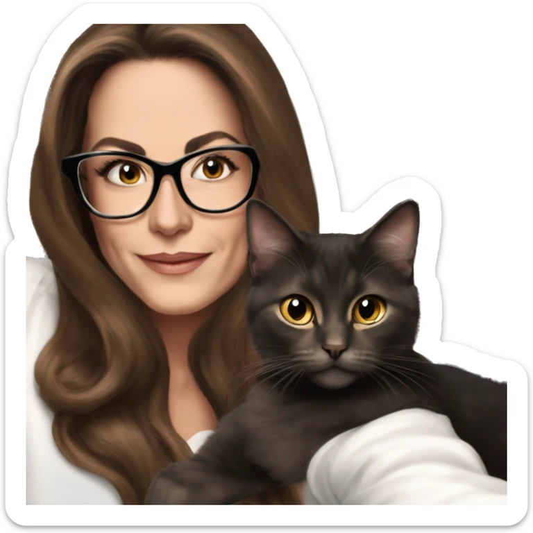 50 years old girl
long brown hair with volume styling
light skin
glasses with refined frame
Brown eyes with cat eye liner
black silk shirt with long sleeves sticker
