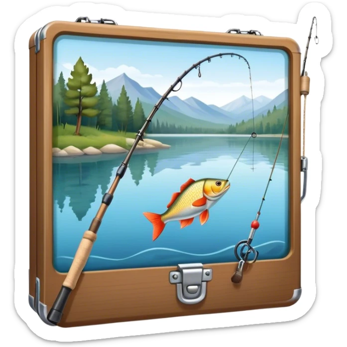 Icon for Fishing: a fishing rod with a line in the water, a tackle box, a fish on the hook, and a peaceful lake or river background. The icon should capture the calm and skill of fishing. Transparent background. sticker