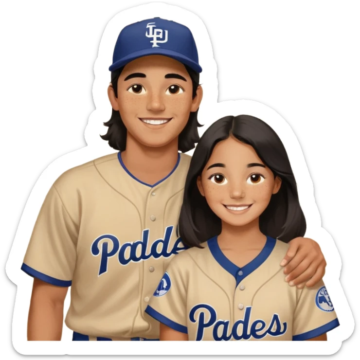 Smiling couple. Girl has medium cheeks and a lot of freckles on the nose. Long hair. The boy has black short hair and prominent eyebrows with egipcian nose. Both are wearing “Los Padres” baseball jerseys and with a sign that says “Go Padres” sticker