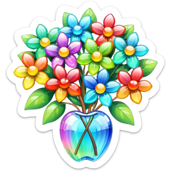 a bouquet of crystal flowers shimmering with rainbow colors, Apple emoji style sticker
