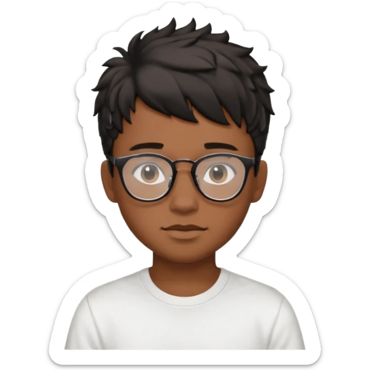 face emoji of a teenage boy, brown skin, wavy black taper fade with fringe hair, attractive face, white t-shirt, black glasses sticker