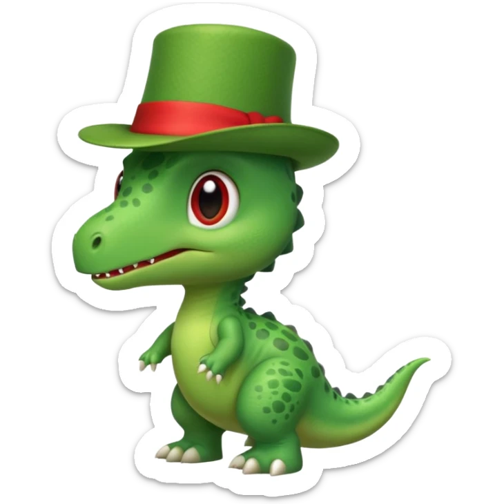 A side view of a very cute and adorable green anthropomorphic baby dinosaur with a red top hat sticker
